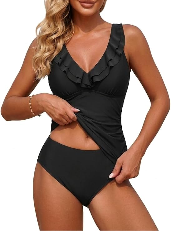 Yonique Womens Two Piece Swimsuits - Ruffle Flounce Tankini Tummy Control Bathing Suits V Neck Swimwear