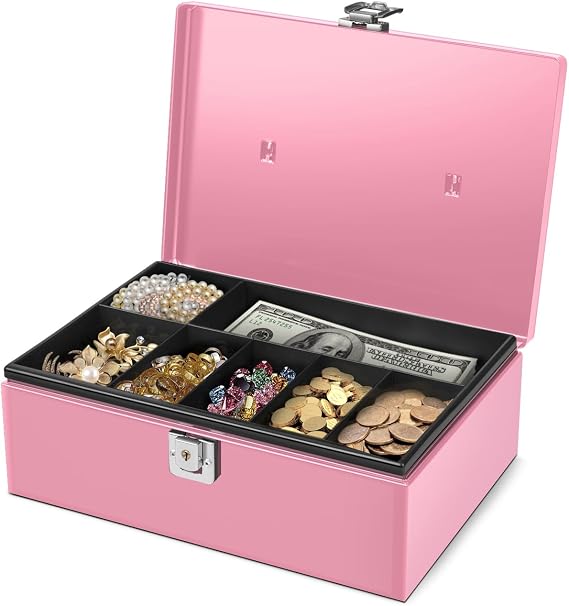 Flexzion Cash Box with Money Tray and Lock - Metal Money Box for Cash Storage with Secure Latch Lock & Key - Pink Petty Cash Box with 7 Compartment Money Tray for Small Businesses, 11x7.7x3.5 Inches