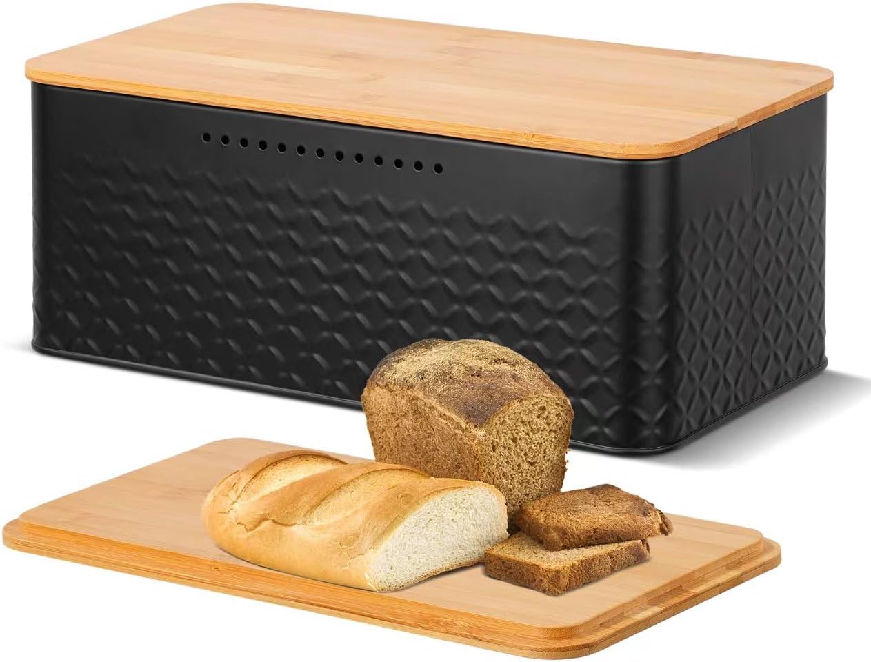 Bread Bin, Metal Bread Box with Bamboo Lid Usable as Cutting Board, Bread Storage Container Holder for Kitchen Countertop, 13 x 7 x 5.3 inch Black