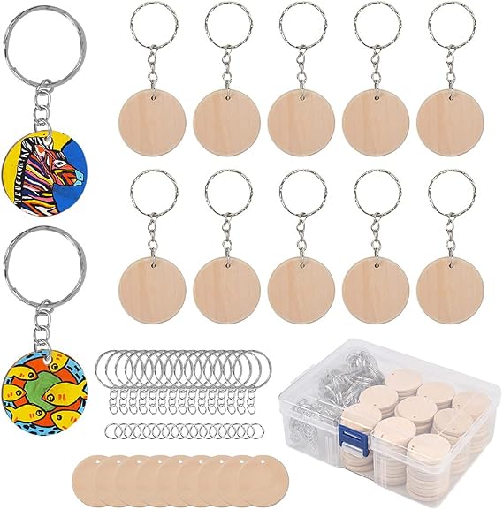 BUYGOO 100Pcs Blank Wooden Keychain Set, 1.5 inch Unfinished Discs with 100Pcs Key Rings Personalized Key Tags DIY Keychain Supplies