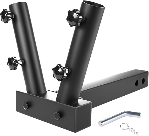 Hitch Mount Flagpole Holder - Powder Coated, Anti-Rust Drainage Hole, Fits Standard 2" Trailer Hitch, Compatible with Jeep, Truck, SUV, RV, Pickup, Camper (Double Flagpoles)