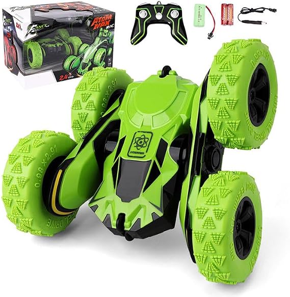 R/C Remote Control Stunt Car, 4WD, 2.4 GHz, 360° Double-Sided Flips, LED Lights, 24 cm, for Ages 6+ (Green)