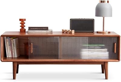Entertainment Center Simple TV Stand for 55 Inch, 47.2 Modern Oak Entertainment Center Media Console Table with Glass Sliding Door for Living Room Media Console Color : Walnut