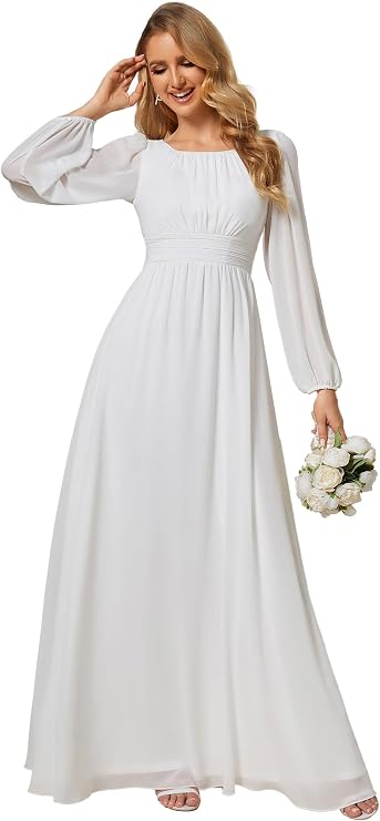 Ever-Pretty Women's Chiffon Long Sleeve Formal Mother of the Bride Dresses | Crewneck, Floor Length, A-Line, Smocked Waist, Bridesmaid Dress, Evening Gown, Formal Wedding Guest Dress
