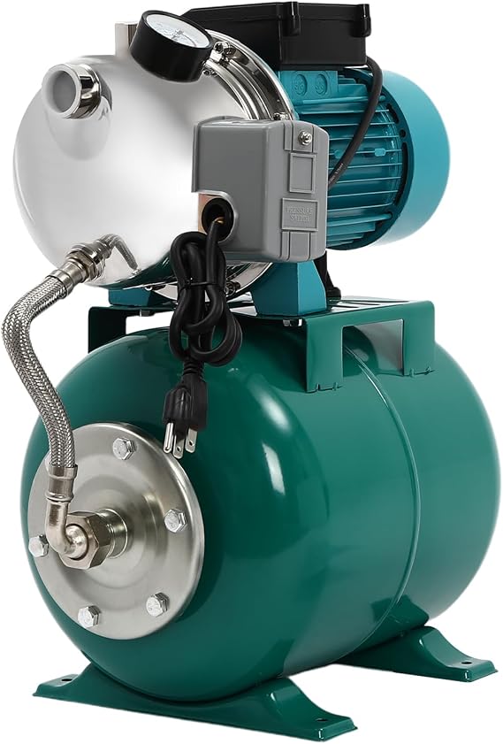 TFCFL Shallow Well Pump with Pressure Tank 1HP, 110V Irrigation Pump, Stainless Steel, Automatic Water Booster Jet Pump, Water Pump Booster System for Home, Garden, Lawn (Green, 1HP)