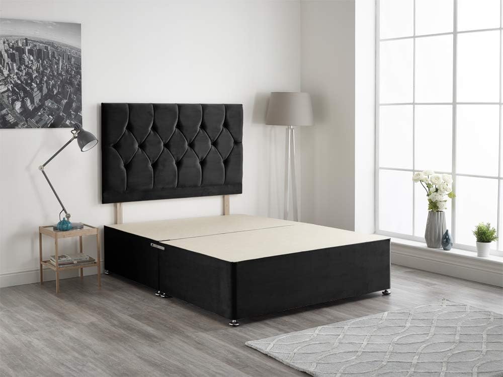 Bed Centre Black Plush Fabric Divan Base Plus Matching Headboard 3ft 4ft 4ft6 5ft 6ft (5FT (KINGSIZE))