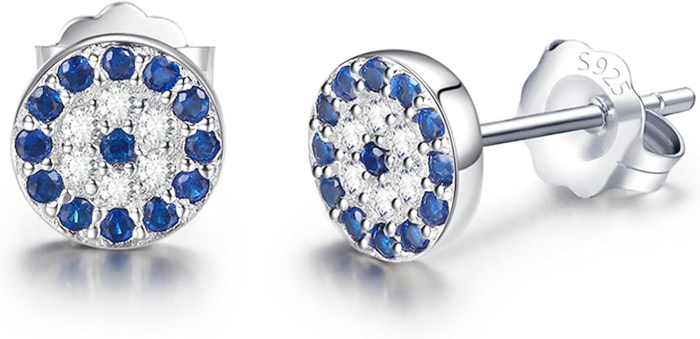 Blue Evil Eye Stud Earrings, Silver Post with CZ Crystal