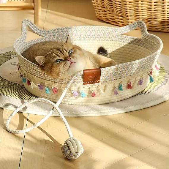 Cat Bed Basket with Play Ball - Cotton Rope Cat Beds for Indoor Cats, Kittens & Medium and Large Cat - Cat Scratching Bed with Decorative Tassels,18.9" L x 18.9" W x 6" Th