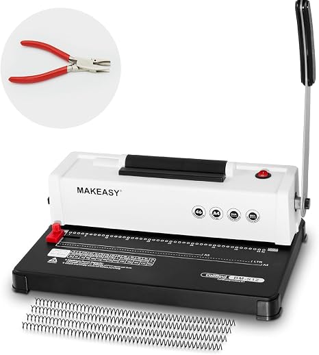 MAKEASY Spiral Binding Machine, 4:1 Pitch, 12 Sheets Punch Capacity, Electric Coil Insert, Book Binder Machine for A4/A5/Letter Size Paper, Come with 1 Box pcs 5/16'' Coils & Pliers