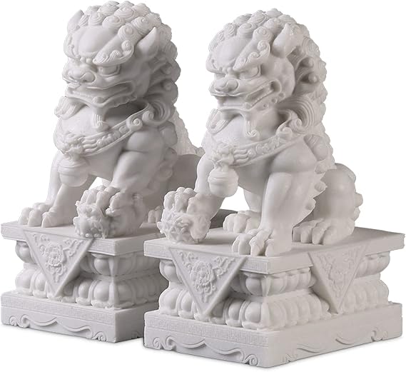 Foo Dogs Statues Pair Guardian Lions Chinese Feng Shui Decor for Prosperity Protection White Stone Statues for Indoor Outdoor Placement,White,20CM [Energy Class A]
