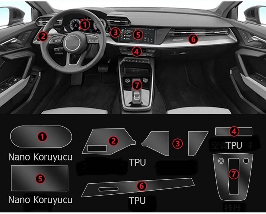 Audi A3 Navigasyon Dijital Gösterge Nano ve piano black uyumlu Tpu Koruyucu 7 li set 2021 2023