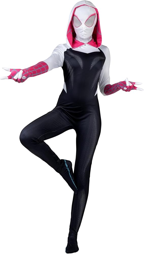 MARVEL Spider-Gwen Official Adult Zentai Halloween Costume - Hooded Spandex Jumpsuit with Pull On Spandex Mask