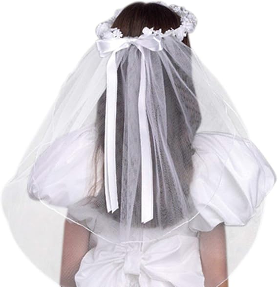Girls First Communion White Tulle Veil with Beaded Flower Crown and Satin Bow, 22 Inch
