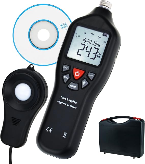 Digital Lux Meter 0-200,000 Lux USB Data Logger for Windows 10/8/7/Vista/XP, 21,000 Memory, Auto-Ranging, Backlit Display, Fc/Lux Switchable, Detachable Sensor