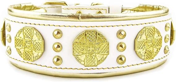 Bestia Maximus Leather Dog Collar, White and Gold, 2.5 in Wide, Padded