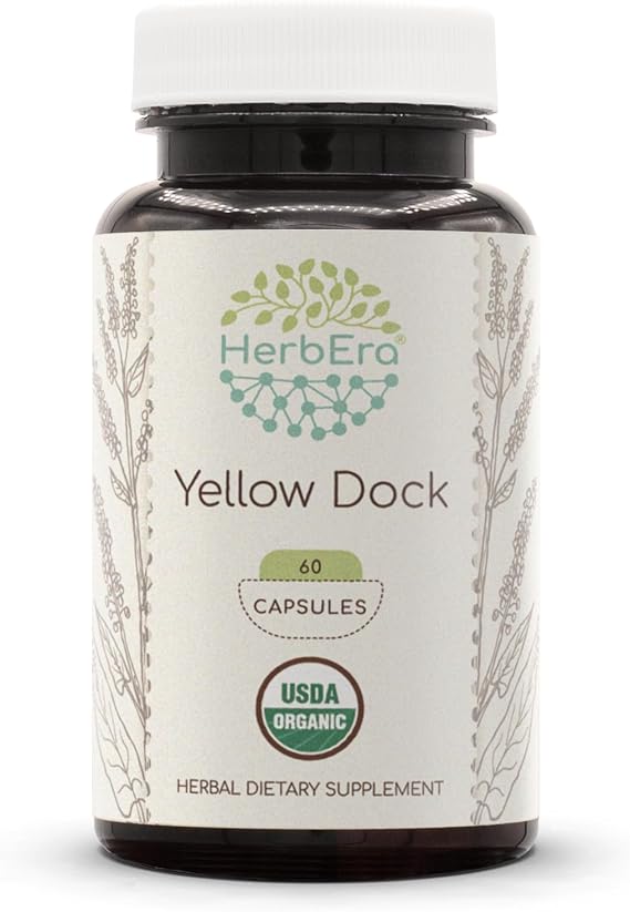 HerbEra Yellow Dock USDA Organic Capsules | Certified Organic Vegetarian Capsules, Herbal Dietary Supplement | Rumex Crispus Dried Root (60 Capsules)