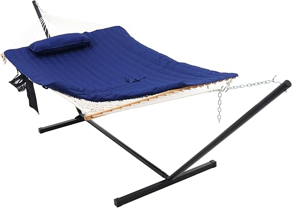 Lazy Daze Hammocks Double Hammock with 12 ft Steel Stand, 2 Person Cotton Rope Hammock with Quilted Pad, Spreader Bars, Detachable Pillow, Mag Bag & Cup Holder, Blue