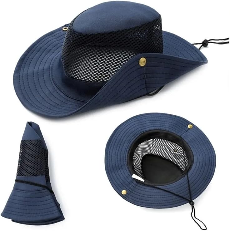 Lacivert Geniş Kenarlı Kovboy Şapkası, Mesh Havalandırmalı, Ayarlanabilir Çene Kordonlu, Outdoor Güneş Koruma