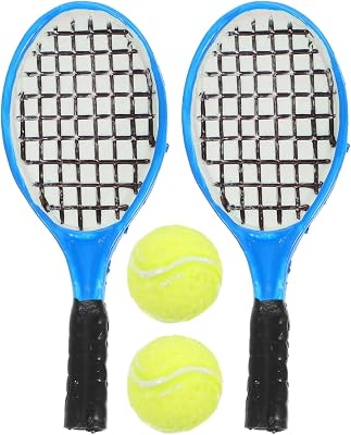 Garneck 4pcs Miniature Simulation Tennis Racket and Ball Models Mini Tennis Decorations Small Sport Accessories for Micro Landscape Fariy Garden DIY Decor 2pcs Rackets  2pcs Balls