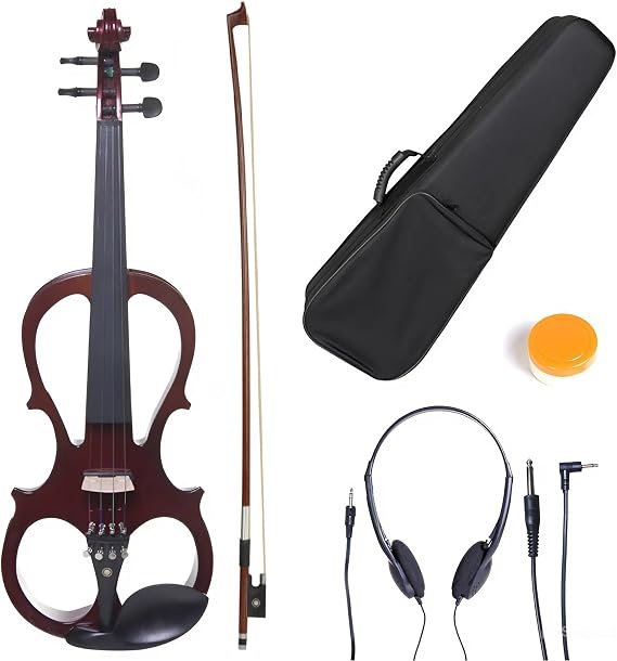 Cecilio 3/4 Size Electric Silent Violin, Hand-Carved Solid Wood, Electric Violin with Ebony Fittings, Ideal for Practice, Stage & Studio Use, Mahogany Metallic