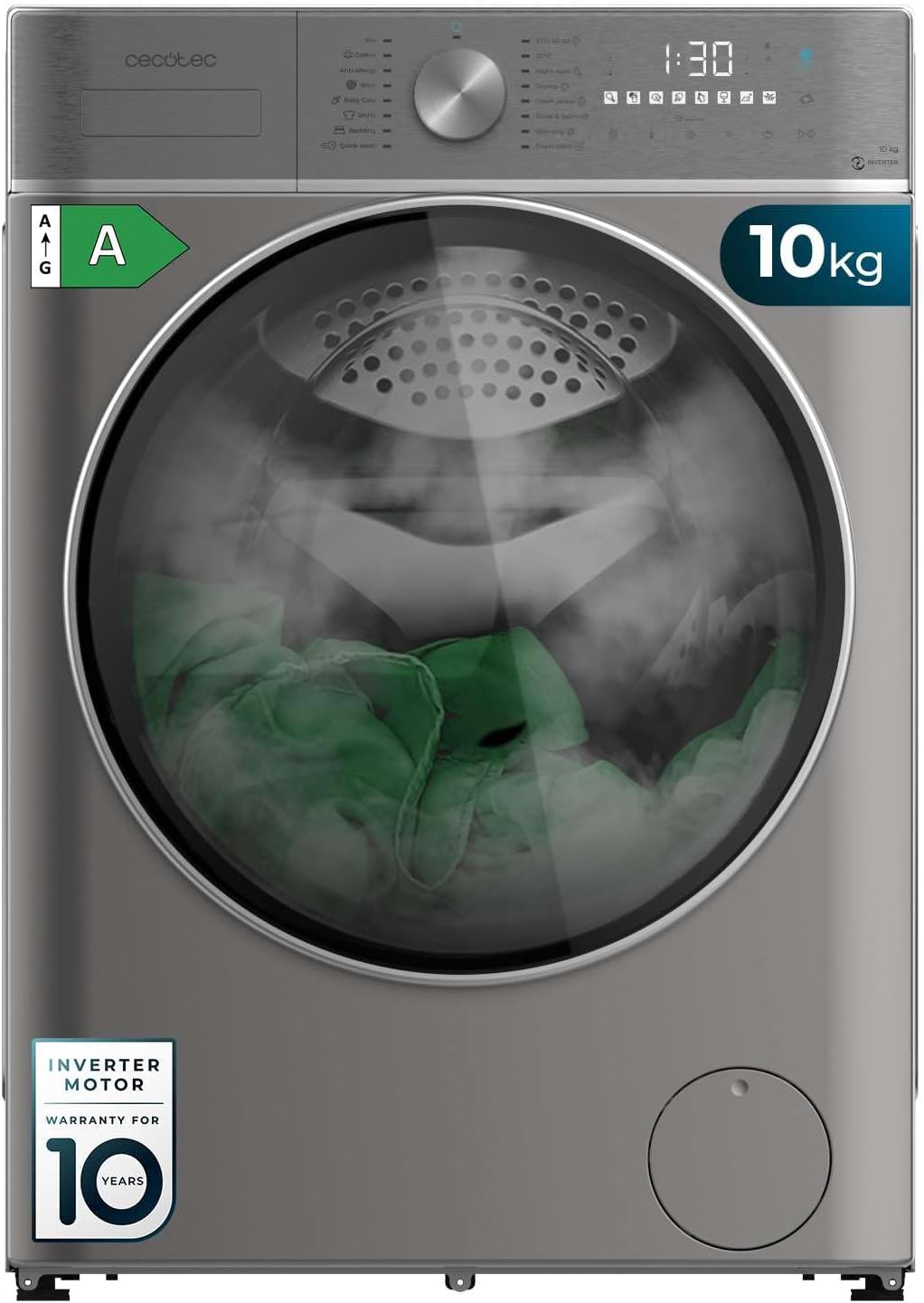 Cecotec Lavadora Secadora 10-6Kg Carga Frontal Bolero Wash&amp;Dry 10680 Inverter Steel A. 1400RPM, 16 Programas, Motor Inverter Plus, SteamMax, OnSmart, Smooth Wash, SpaCare y Goma Antibacteriana [Energy Class A]