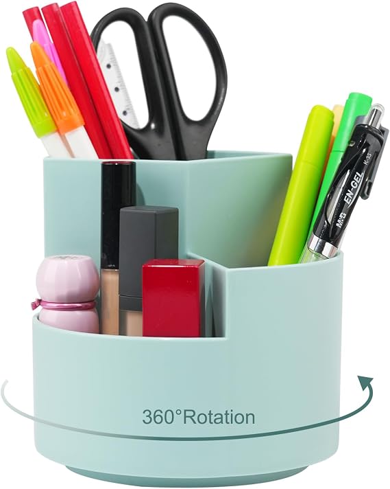 Newkita Desk Pen Holder, 3 Slots 360-Degree Rotating Desktop Storage Organizer, Desk Accessories for Art Supplies (Blue)