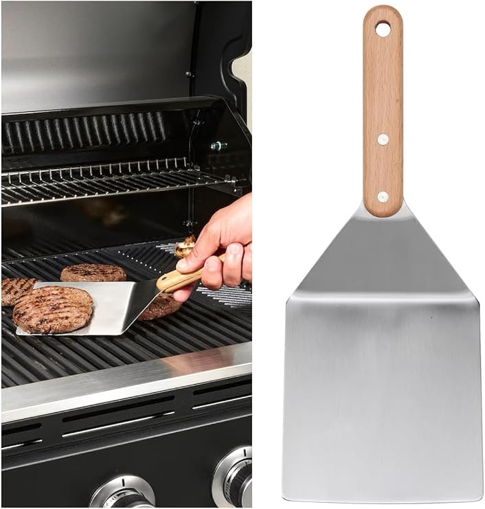 IKEA 30 cm Paslanmaz Çelik Izgara Hamburger Spatulası, Ahşap Sap, Barbekü Mangal Spatulası