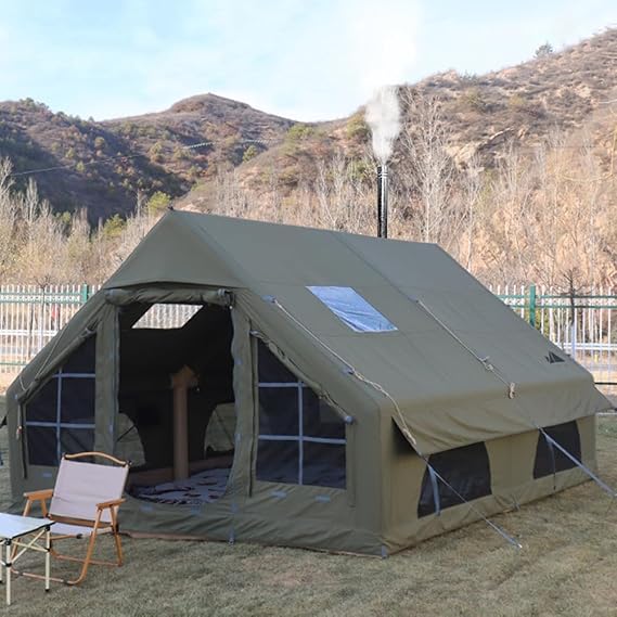 4 Season Waterproof Inflatable Tent with Pump and Stove Jack,6-8 Person Glamping Blow Up Tent Large Air Pop-Up Tents,Easy Setup