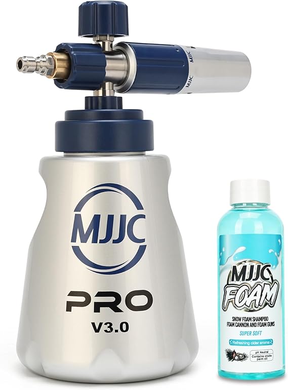 MJJC PRO V3.0 Ultimate Foam Cannon for Pressure Washers Professional Car Wash Accessory Kit with Thick Foam, Stainless Steel, 44 fl oz Bottle (Pro V3.0 (1/4" Quick Connector) + SOAP Sample)