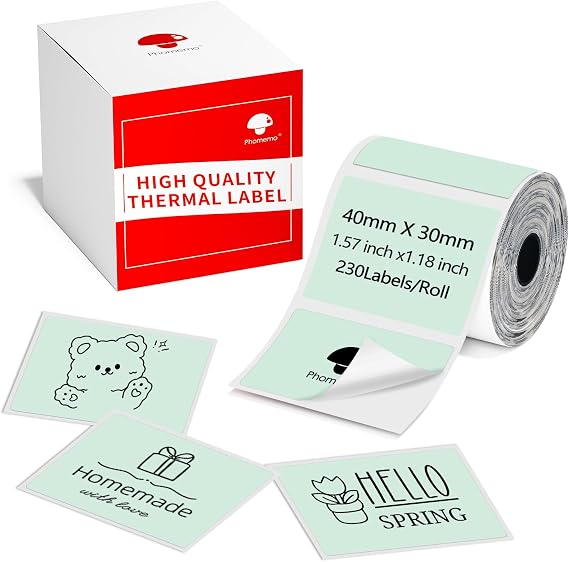 Phomemo Thermal Labels for M110/M120/M220/M150/M250/M221 Label Maker, Self-Adhesive Thermal Label 1.57"x1.18"(40x30mm),230 Labels/Roll, for Barcode,Address, Name, Small Bussiness and Home Use,Green
