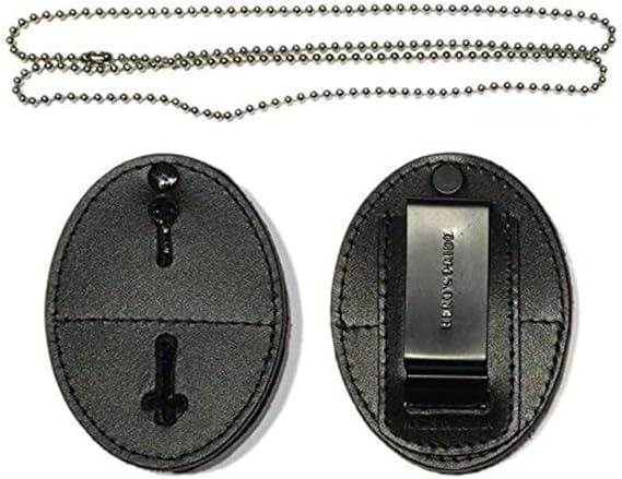 Hero's Pride Universal Oval Badge Holder, Standard Issue Leather Shield Case, Spring Clip and Neck Chain, Hook Fastener, 2-5/8" x 3-5/8" (Badge Not Included)
