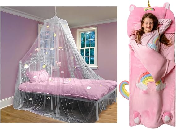 Unicorn Themed Bundle: Sleeping Bag & Bed Canopy Set