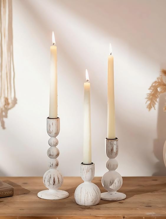 NUPTIO Wooden Taper Candle Holders, Set of 3 White Candlesticks