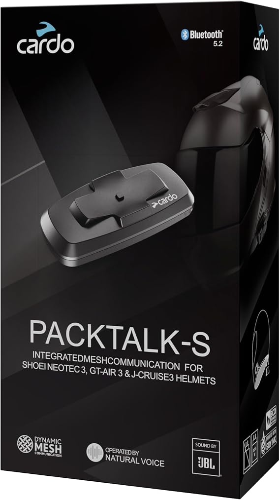 CARDO PACKTALK-S FOR SHOEI GEN 3 HELMETS. Communication System Designed Specifically To Fit SHOEI GT‑Air 3, NEOTEC 3, and J‑Cruise 3