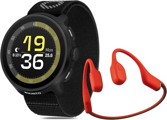 SUUNTO Run Sport Watch, Running GPS Watch All Black (w/Textile Strap) Sonic Open-Ear Bone Conduction Sports Bluetooth Headphones Red