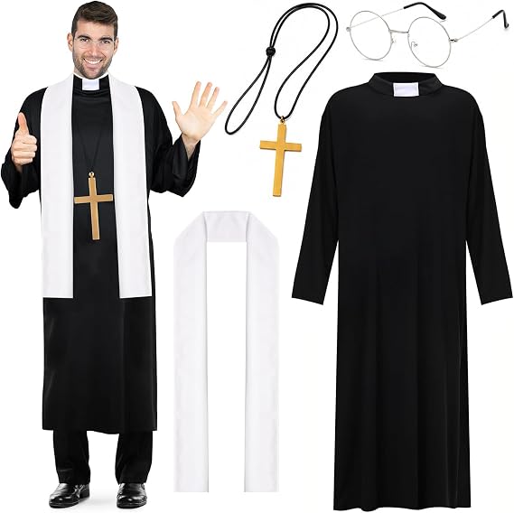 4 PCS Priest Costume for Men Include Robe Stole Plastic Cross Glasses for Adults Halloween Exorcist Dress Up