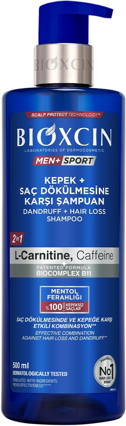Bioxcin Men+ Sport Kepek + Saç Dökülmesine Karşı Şampuan | L-Carnitine, Kafein, BioComplex B11 | 500 ml | Tüm Saç Tipleri İçin