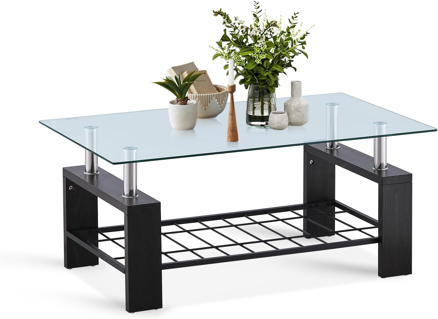OFCASA 2 Tier Glass Coffee Table with Wooden Legs Metal Shelf Sofa Side Table for Home Living Room 100 x 60 x 45cm, Dark Wood