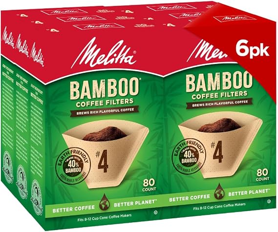 Melitta #4 Bamboo Coffee Filters, Natural Paper Cone Filters, 6-Pack
