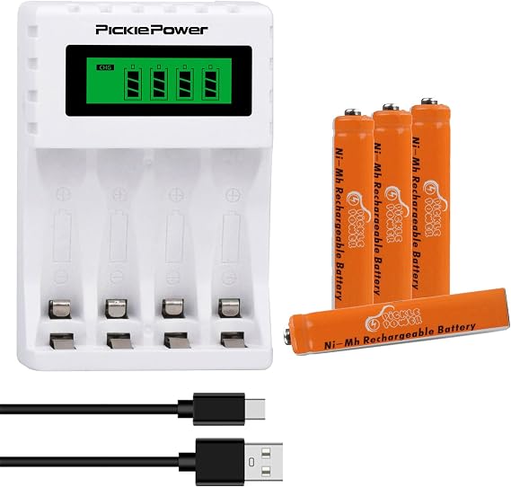 Pickle Power AAAA Batteries, 4 Pack 500mAh Rechargeable AAAA Ni-MH Batteries with Charger for Surface Pen Active Stylus
