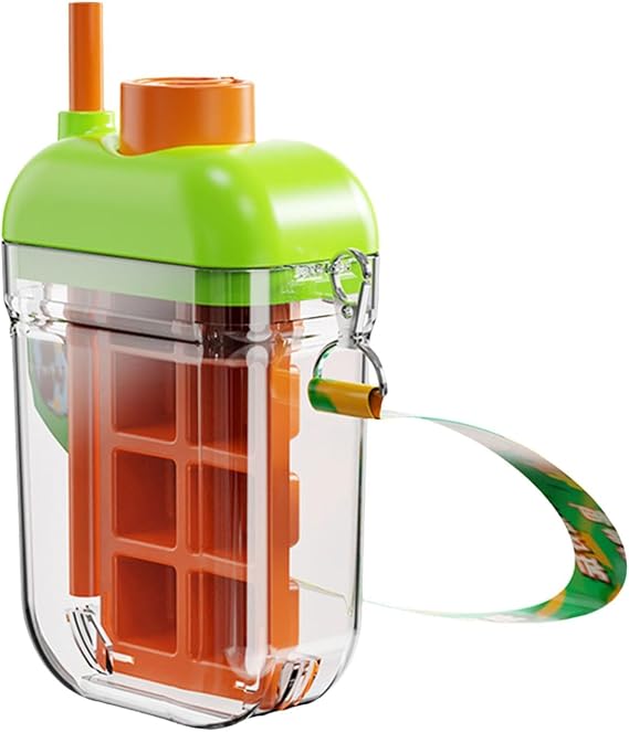 2 in 1 Ice Cube Bottle Reusable Portable Ice Maker Bottle Easy Release Ice Bottle Cup with Zero Touch Press Ice Cube Mold Straw & Lid for Office Picnics & Travel (A)