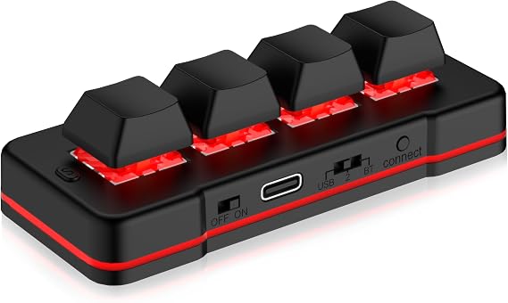 4 Key Mini Keypad USB Wired & BT Wireless Mini Keyboard Customized Programmable Computer Keyboard Mouse for Video Game Control Office Work Sheet Music Page Turner HID (Black)