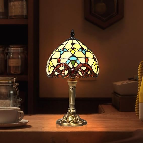 Tiffany Style Table Lamp, Handcrafted Stained Glass Lampshade Night Bedside Lamp, Living Room, Bar Mediterranean Table Decoration Light with Plug