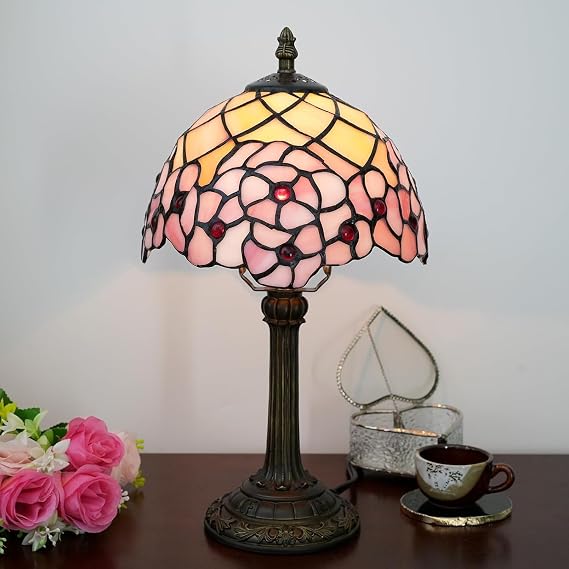 8 inch E7 Tiffany Lamp Pink Cherry Style Stained Glass Lamps Bedroom Bedside Table Lamps for Dorm Office Art Craft Antique Decor Accent Aesthetic Nightstand Retro Metal Reading Desk Lamps