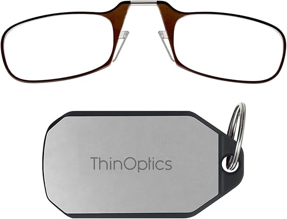 ThinOptics Keychain Case + Rectangular Reading Glasses, Brown, 44 mm + 1