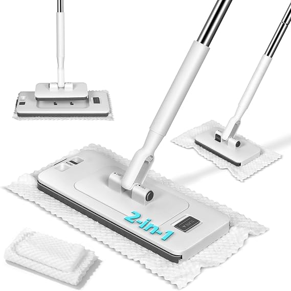 2-in-1 Hands Free Flat Mop,Disposable Dust Mop with 47" Long Handle | Snap-Grip Lazy Mini Mops for Floor Cleaning,Click Mop to Use with Any Cloth,No-Touch, Multi Surface Floor Cleaning