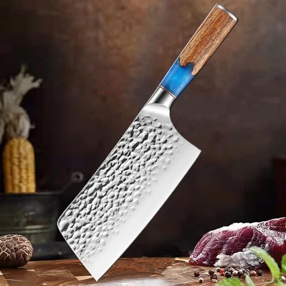 Meat Cleaver Knife, 6.5inch Stainless Steel Chef Knife Chinese Kitchen Knife Hammer Pattern Non-Stick Sharp Nakiri Cleaver Utility Santoku Kniver Blue Resin
