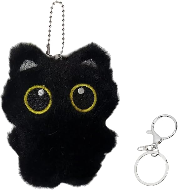 Cat Plush Keychain Black Cat Keyring Purse Charm Big-Eyed Cute Bag Charms Gifts for Women Kawaii Pendant for Handbags Backpacks Wallets Adorable Animal Accessories Kitty Lover Gifts