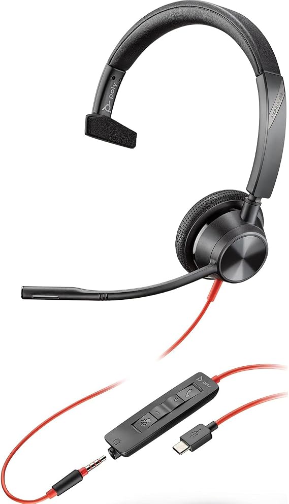 Plantronics - Blackwire 3315 Wired, Single Ear (Mono) USB-A Headset with Boom Mic (Poly) - Connect to PC/Mac via USB-A or mobile/tablet via 3.5 mm connector - Works with Teams (Certified), Zoom & more