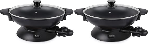 AROMA Housewares AEW-306 Electric Wok with Tempered Glass Lid Easy Clean Nonstick, Cooking Chopsticks, Tempura and Steaming Racks, Professional Model, Black, 5Qt. (Pack of 2)